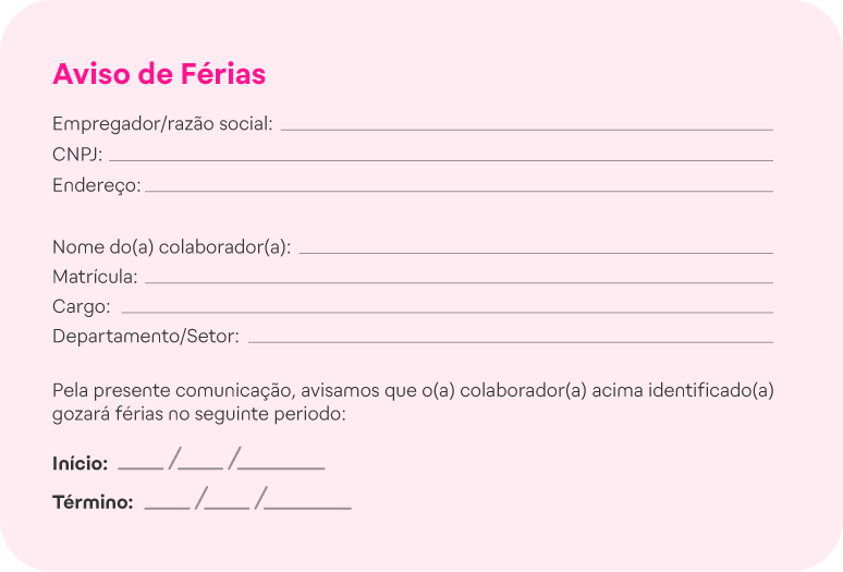 Modelo aviso de férias