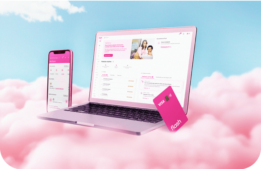 céu com nuvem rosa e sobre a nuvem um cartão da flash, celular com app da flash e computador da plataforma flash