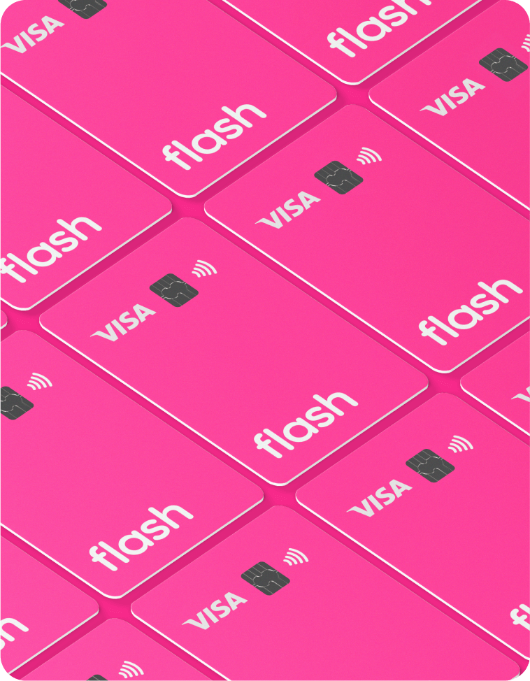 Mosaico formado por vários cartões rosa de benefícios flexíveis da Flash, exibindo o logo da Visa.